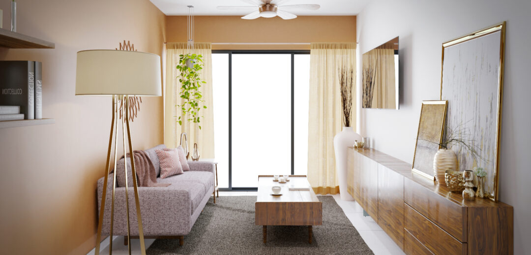 Sala del departamento modelo Alea del desarrollo Bloom en Culiacán