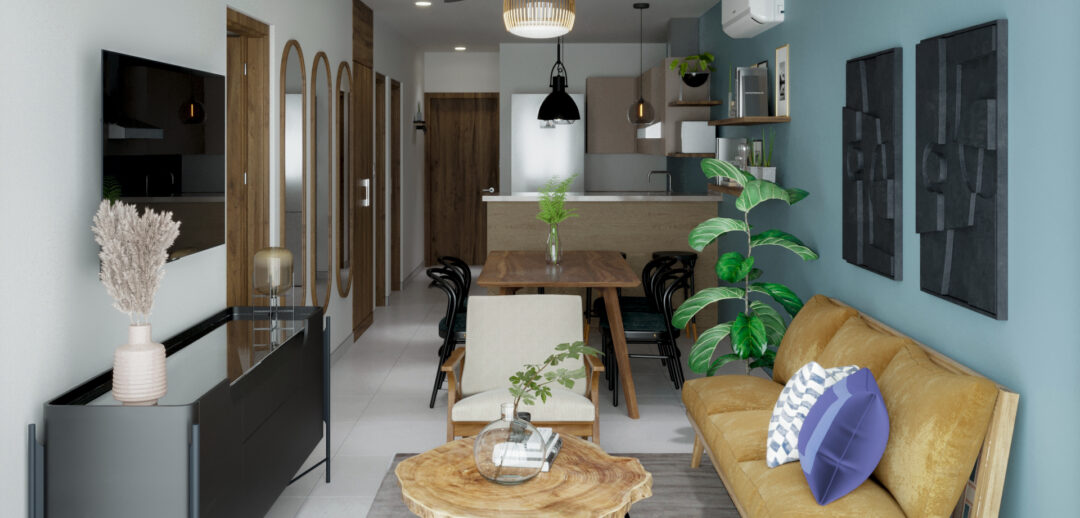 Sala del departamento modelo Tempus del desarrollo Bloom en Culiacán