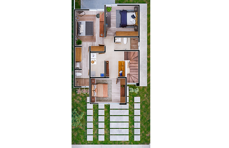 Planta alta del modelo de casa Eros en el desarrollo Sonterra II en Mazatlán