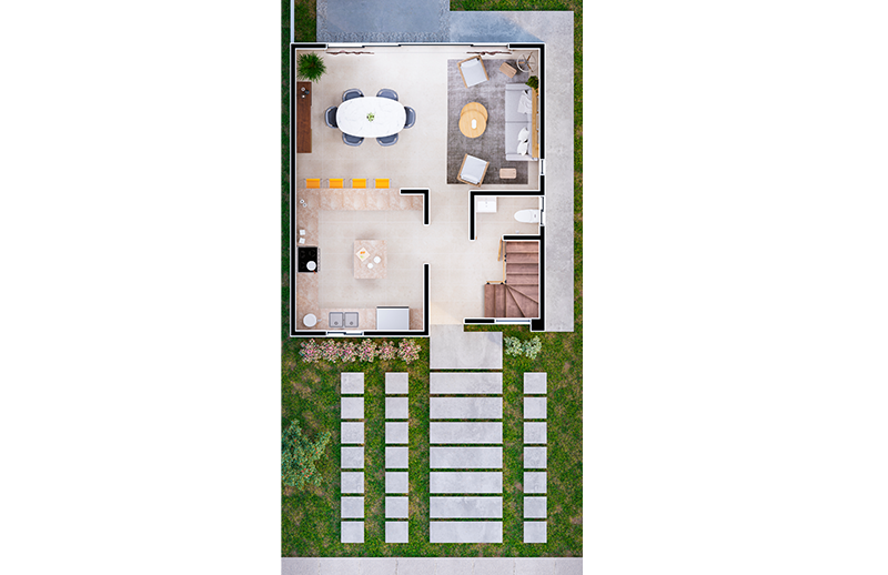 Planta baja del modelo de casa Eros en el desarrollo Sonterra II en Mazatlán