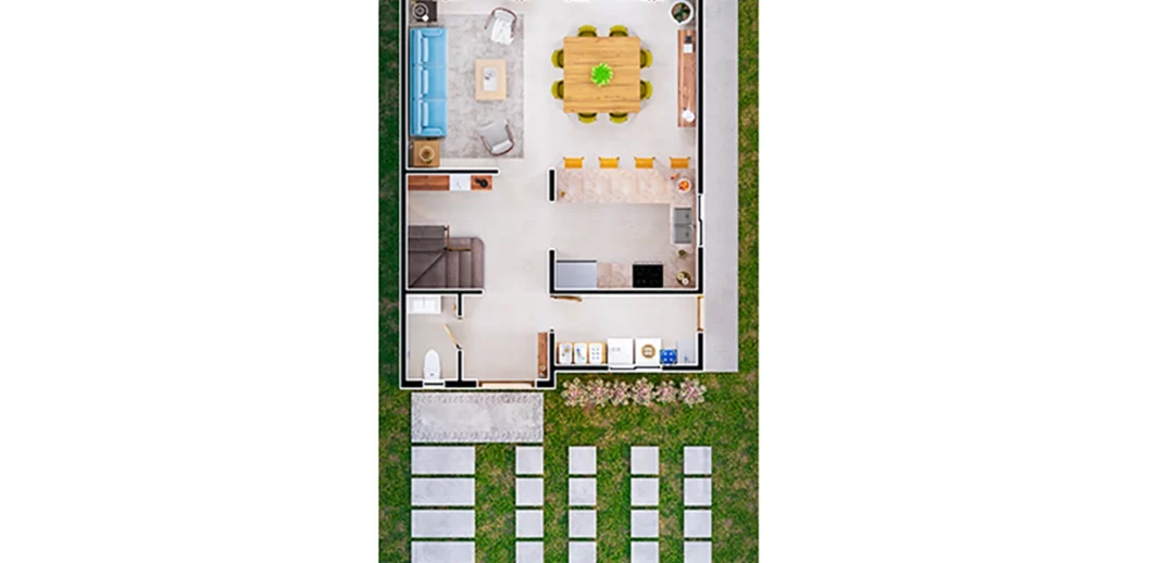 Planta baja del modelo de casa Hera en el desarrollo Sonterra II en Mazatlán