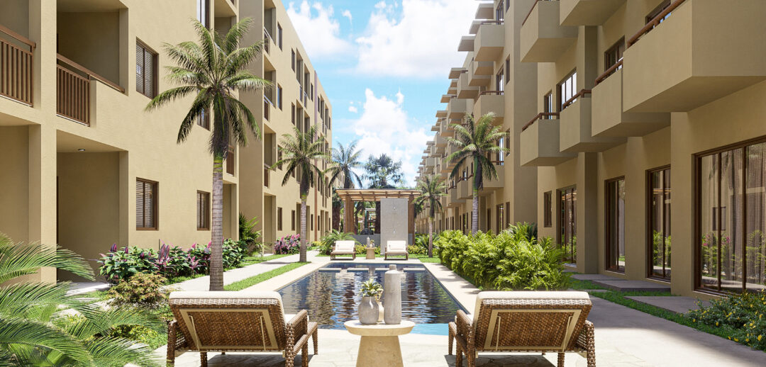 Vista del área entre los edificios de juegos de Oceanna Mazatlán, un exclusivo desarrollo de departamentos frente al mar en Mazatlán.