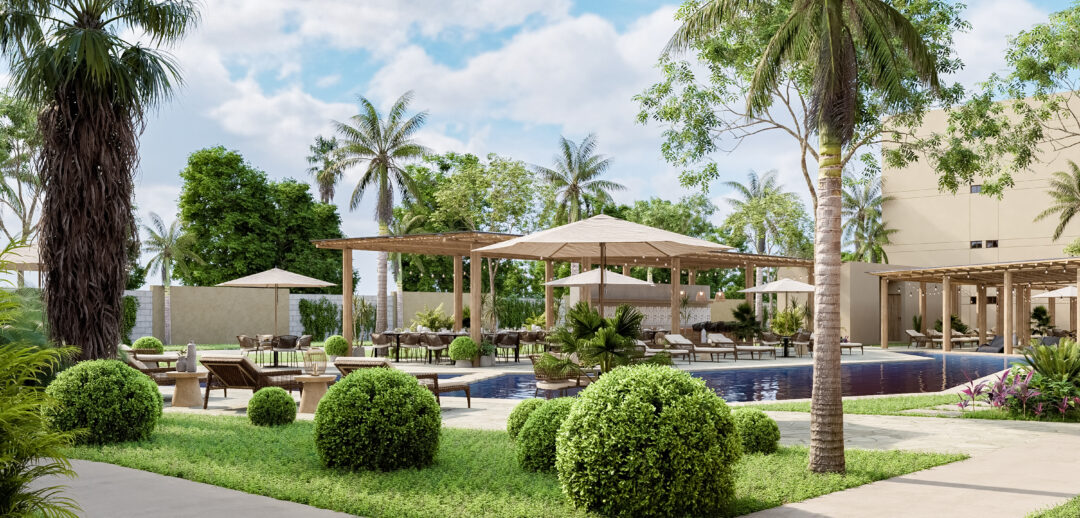Vista de la alberca de Oceanna Mazatlán, un exclusivo desarrollo de departamentos frente al mar en Mazatlán.