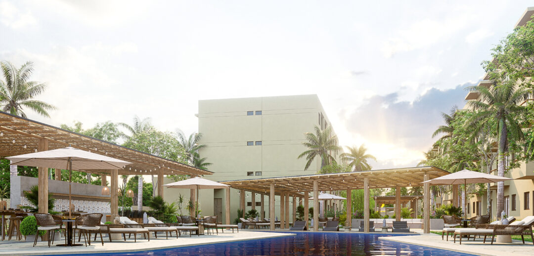 Vista de la alberca de Oceanna Mazatlán, un exclusivo desarrollo de departamentos frente al mar en Mazatlán.