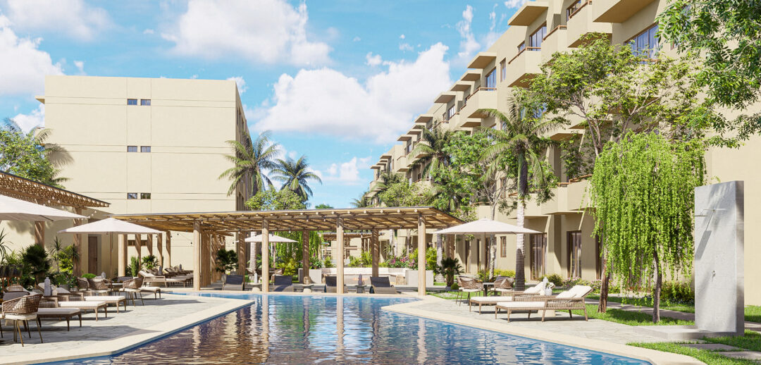 Vista del área de alberca de Oceanna Mazatlán, un exclusivo desarrollo de departamentos frente al mar en Mazatlán.