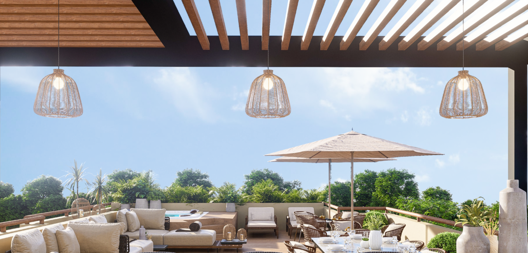 Vista del roof garden de frente de Oceanna Mazatlán, un exclusivo desarrollo de departamentos frente al mar en Mazatlán.