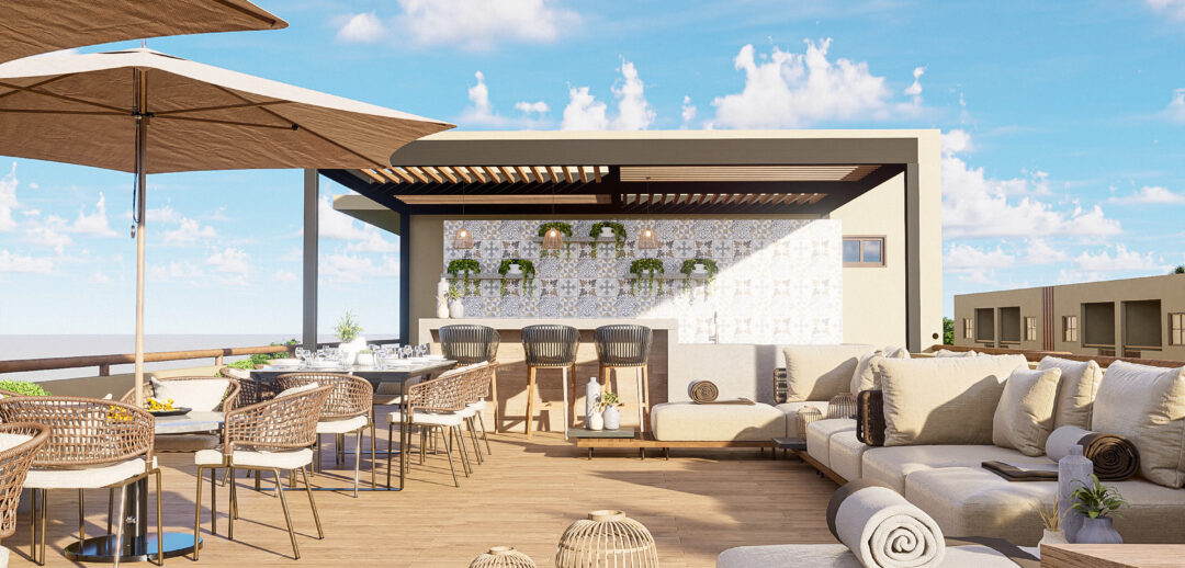 Vista completa del roof garden de Oceanna Mazatlán, un exclusivo desarrollo de departamentos frente al mar en Mazatlán.