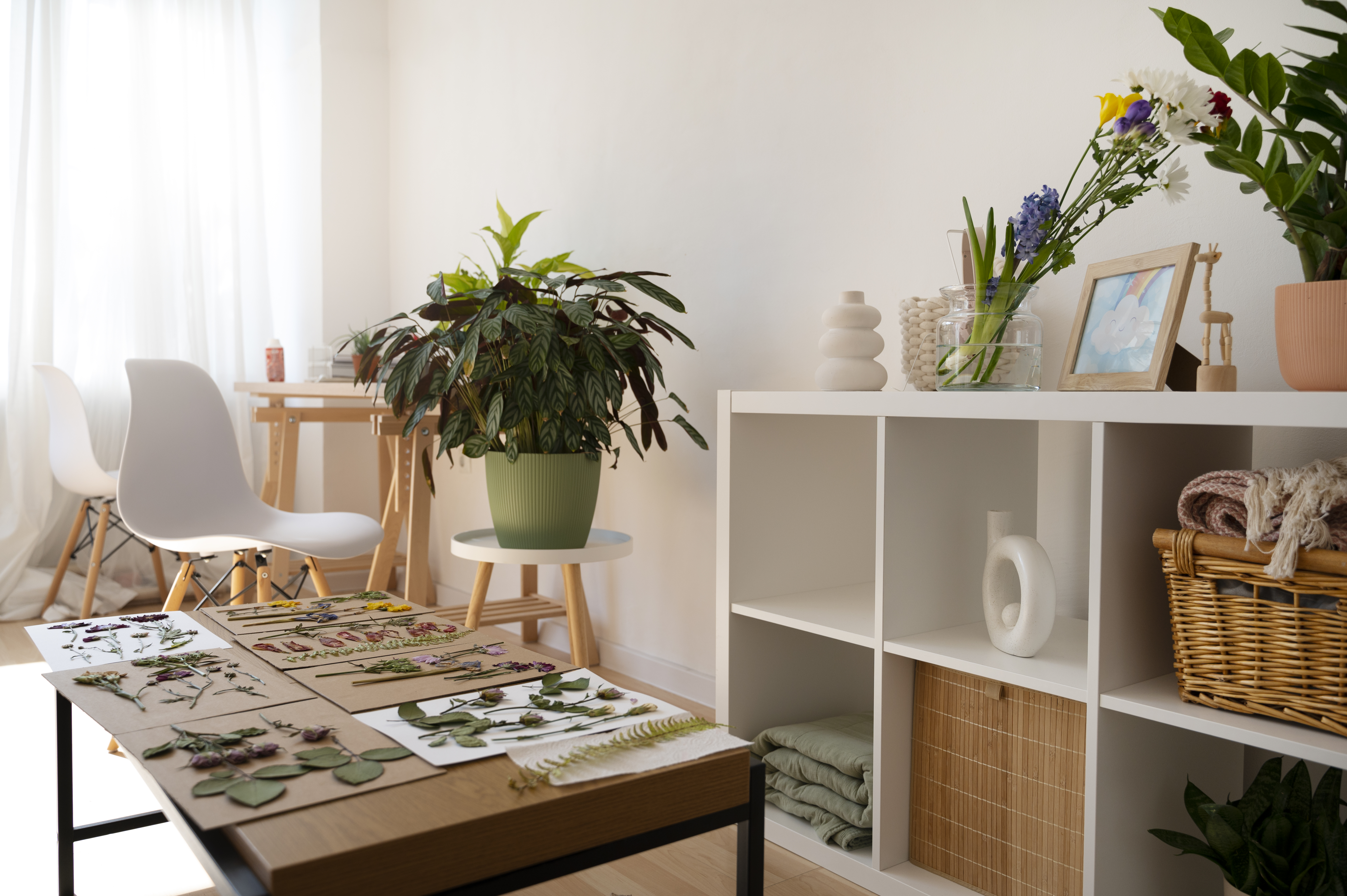 Habitación para estar en un espacio pequeño, decorada con muebles multifuncionales y una combinación de iluminación para agregar dimensión a la habitación. Las estanterías altas y las cortinas largas y translúcidas ayudan a maximizar el espacio y crear una sensación de amplitud.