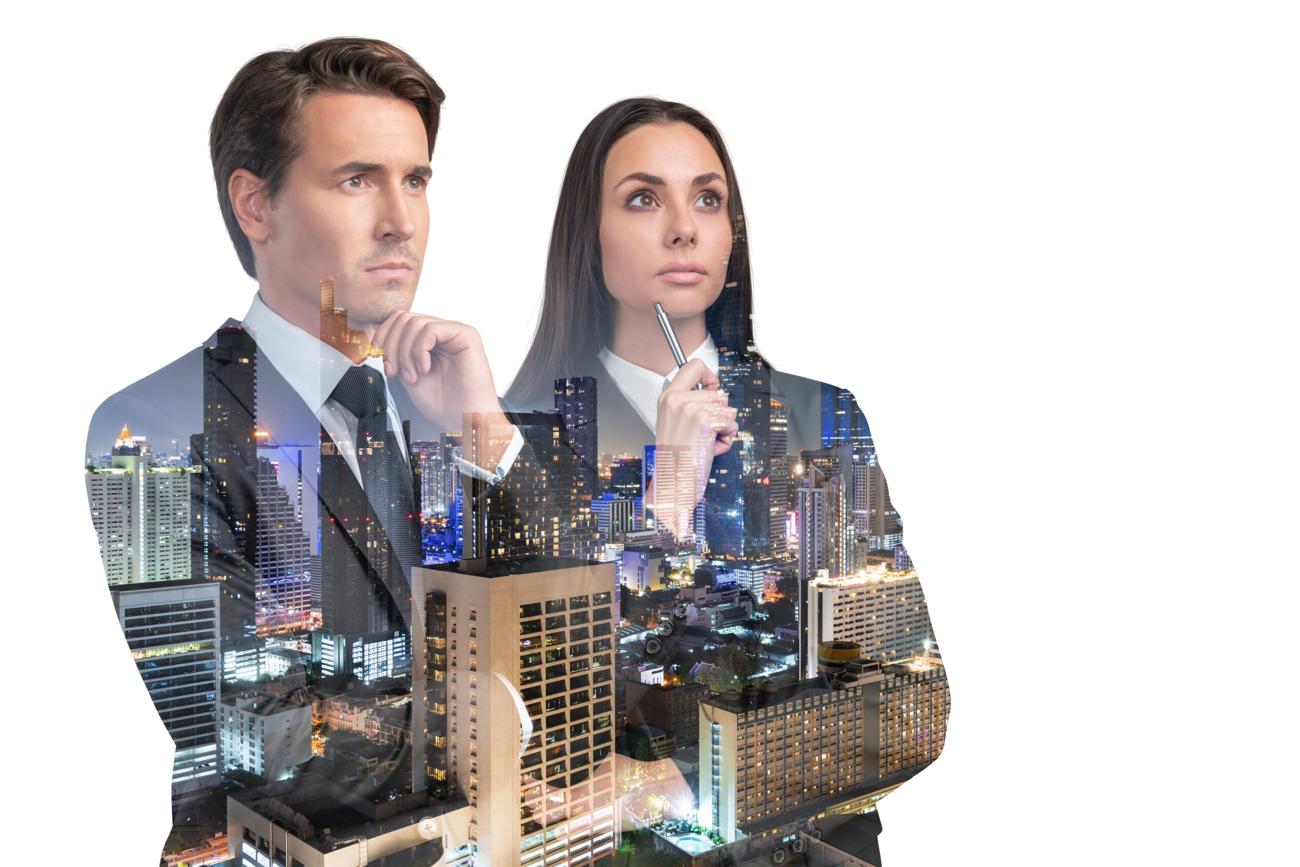 Attractive businesswoman and handsome businessman in suits, hand on chin. Asia corporate lifestyle, multinational diverse young professionals. Night Bangkok city view. Double exposure