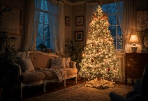 Iluminación cálida en árbol de navidad