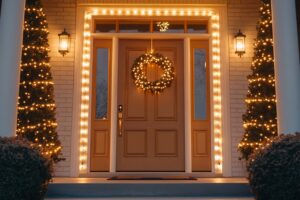  Iluminación cálida navideña en puerta principal del hogar
