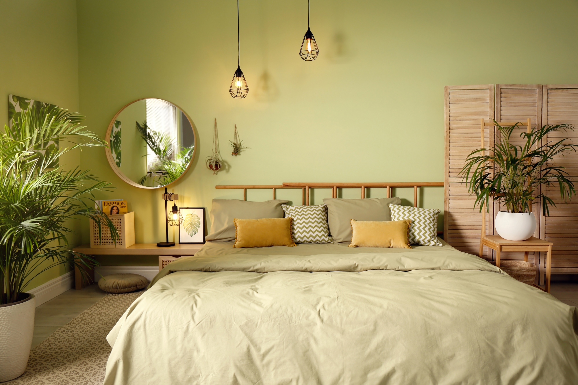 dormitorio moderno con colores verdes y toques con materiales naturales