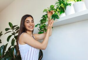 Ama de casa creando su jardín vertical con plantas verdes al interior de su casa