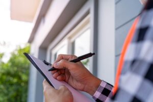 Ingeniero está revisando e inspeccionando los detalles de la propiedad o la casa