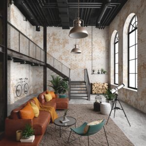 Interior de la sala de estar del loft con un estilo industrial con lámpara de sofá y pared de ladrillo
