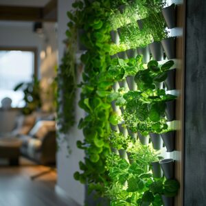 Jardín Vertical de plantas verdes colgando de una pared con una ventana al fondo
