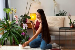 Joven mujer realiza decoración del hogar con orquideas plantas naturales