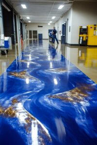 Piso de epoxi azul brillante con detalles dorados y blancos en un edificio