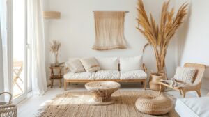 Sala de estar con interiorismo boho o bohemio y decoración del hogar colores neutros