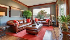 Sala de estar con muebles de piel color marrón estilo vintage alfombra rojo cerezo y plantas naturales con entrada de luz natural a través de las ventanas grandes
