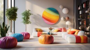 Sala de estar con plantas de pufs de colores y cinta decorativa en la pared como punto focal