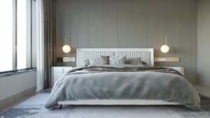 Dormitorio interior de estilo moderno con decoración de pared y colores neutros