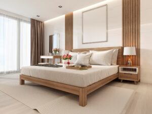 Dormitorio moderno y luminoso con muebles de madera de estilo escandinavo